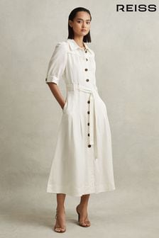 Reiss White Malika Belted Cap Sleeve Midi Dress (K76106) | €273