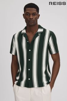 Reiss Green/White Alton Slim Fit Ribbed Cuban Collar Shirt (K76116) | 647 QAR