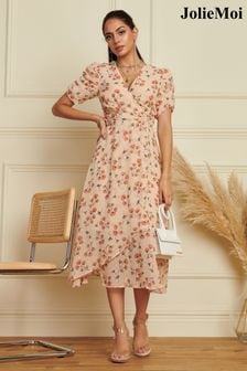 Jolie Moi Puff Sleeve Chiffon Wrap Midi Dress (K76226) | €74