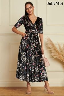 Jolie Moi Floral Print Velvet Maxi Black Dress (K76233) | 267 zł
