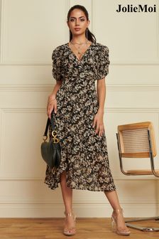 Jolie Moi Puff Sleeve Chiffon Wrap Midi Dress (K76235) | NT$3,030