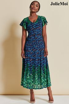 Jolie Moi Green Mirrored Print Lace Maxi Dress (K76240) | $142