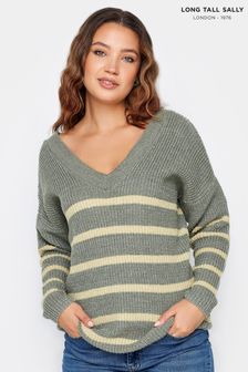 Long Tall Sally Grey V-Neck Striped Jumper (K76266) | OMR16