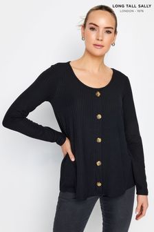 Long Tall Sally Black Scoop Long Sleeve Button Top (K76278) | AED133