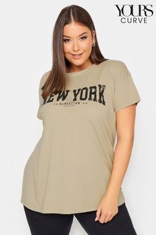 Yours Curve Beige Short Sleeve Placement Print T-Shirt (K77182) | LEI 101