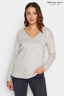Long Tall Sally Cream Long Sleeve Stripe V-Neck T-Shirt (K77193) | ₪ 85