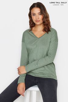 Long Tall Sally Green Long Sleeve Stripe V-Neck T-Shirt (K77205) | ₪ 85