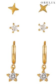 Orelia London Gold Tone Crystal Star Drop Huggie & Stud Earrings 3 Pack (K77243) | ₪ 176