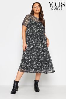 Yours Curve Black Double Layered Mesh Smock Dress (K77494) | 17.50 BD