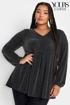 Yours Curve Black Pleated Front Balloon Sleeve Top (K77630) | $46