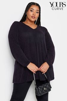 Yours Curve Purple Pleated Front Balloon Sleeve Top (K77665) | AED80