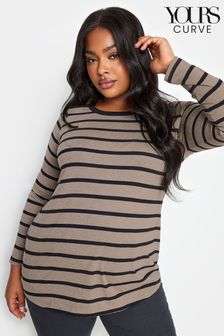 Yours Curve Brown Core Basic Long Sleeve Stripe T-Shirt (K77719) | €12