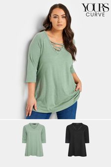 Yours Curve Green Long Sleeve Lattice T-Shirts 2 Pack (K77759) | LEI 173