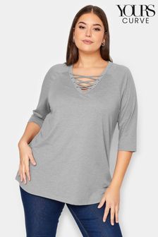 Yours Curve Grey Long Sleeve Lattice T-Shirt (K77760) | ₪ 96