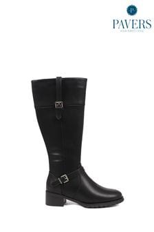 Pavers Black Knee High Buckle Detail Boots