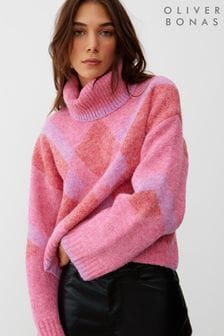 Oliver Bonas Pink Diamond Roll Neck Knitted Jumper