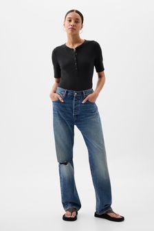 Noir - T-shirt ras du cou Gap Henley côtelé à manches courtes (K78136) | €21