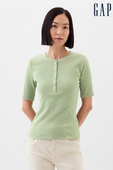 Grün - Gap Geripptes Henley-T-Shirt mit Rundhalsausschnitt und viertellangen Ärmeln (K78142) | 28 €