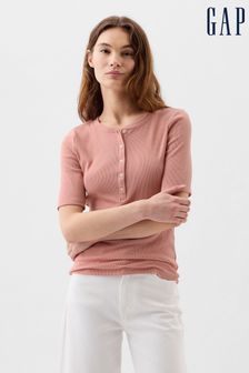 Rosa - Gap Geripptes Henley-T-Shirt mit Rundhalsausschnitt und viertellangen Ärmeln (K78144) | 28 €