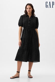 Gap Black Eyelet Tie Waist Tiered Midi Dress (K78152) | €81