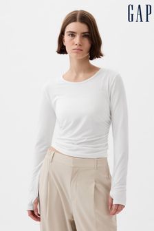 Gap White Breathe Ruched Cropped Long Sleeve Crew Neck T-Shirt (K78172) | kr460