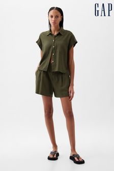 Gap Olive Green Linen-Blend Short Sleeve Cropped Shirt (K78183) | €46