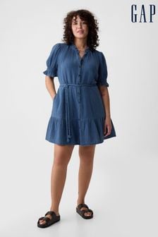 Gap Blue Denim-Look Crinkle Tiered Mini Dress (K78186) | kr519