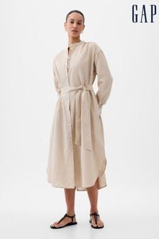 Gap Neutral Linen Blend Long Sleeve Shirt Dress (K78193) | LEI 358