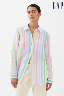 Gap White and Mutli Stripe Linen Long Sleeve Oversized Shirt (K78200) | kr920