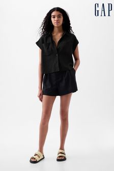 Gap Black Linen-Blend Short Sleeve Cropped Shirt (K78211) | LEI 209