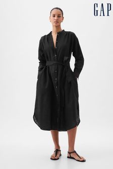Черный - Льняное платье-рубашка с длинными рукавами Gap Blend (K78224) | €82