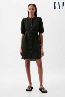 Черный - Льняное платье-рубашка мини с короткими рукавами-буфами Gap Blend (K78246) | €76