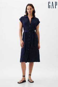 Gap Navy Blue Linen-Blend Tie Waist Midi Shirt Dress (K78249) | €69