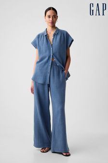 Modra - Gap zmečkane bombažne široke hlače z elastičnim pasom (K78255) | €46