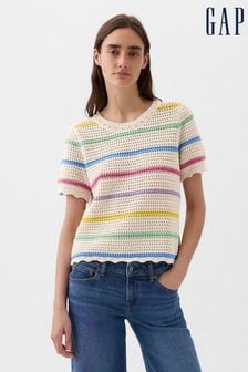 Gap Cream Stripe Crochet Crew Neck Short Sleeve Knit Jumper (K78271) | €46