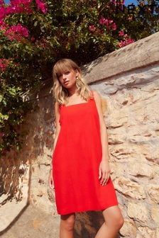 Rojo - Square Neck Shift Mini Dress With Linen (K78406) | 29 €