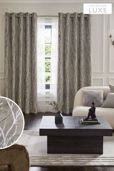 Silver Grey Collection Luxe Heavyweight Cut Velvet Twig Eyelet Lined Curtains