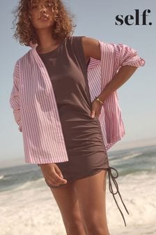 Chocolate Brown Self Ruched T-Shirt Mini Dress (K79318) | $55