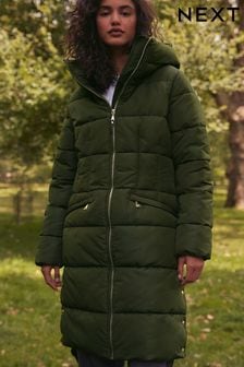 Khaki Green Shower Resistant Padded Puffer Hooded Mid Length Coat (K79473) | $97