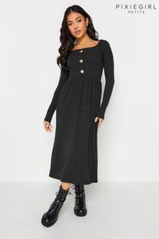 PixieGirl Petite Black Long Sleeve Ribbed Button Midaxi Dress (K79580) | $68