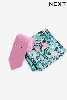 Bright Pink/Turquoise Floral Slim Tie Pocket Square And Tie Clip Set (K79586) | €19