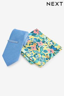 Blau/Gelb, Blumenmuster - Krawatte, Einstecktuch und Krawattenklammer, Set (K79596) | 27 €