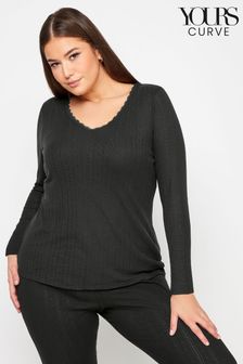 Yours Curve Black Pointelle Thermal Long Sleeve Top (K79607) | LEI 113