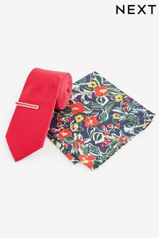 Red/Navy Blue Floral Slim Tie Pocket Square And Tie Clip Set (K79613) | €24