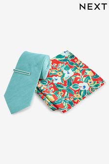 Turquoise Green/Red Floral Slim Tie Pocket Square And Tie Clip Set (K79616) | €24