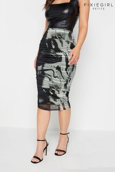 PixieGirl Petite Black Mesh Ruched Midi Skirt (K79620) | $64