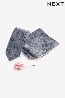 Темно-синий/розовый - Фактурный галстук, платок для нагрудного кармана и заколка с узором пейсли (K79624) | €24