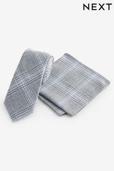 Light Grey/Light Blue Check Slim Tie And Pocket Square Set (K79637) | 82 SAR