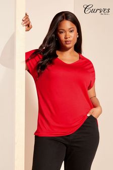 Curves Like These Red Soft Jersey V Neck Short Sleeve Tunic Top (K79831) | OMR12
