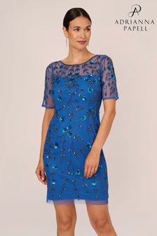 Niebieska krótka sukienka Adrianna Papell zdobiona koralikami i motywem kwiatowym (K79932) | 1,255 zł